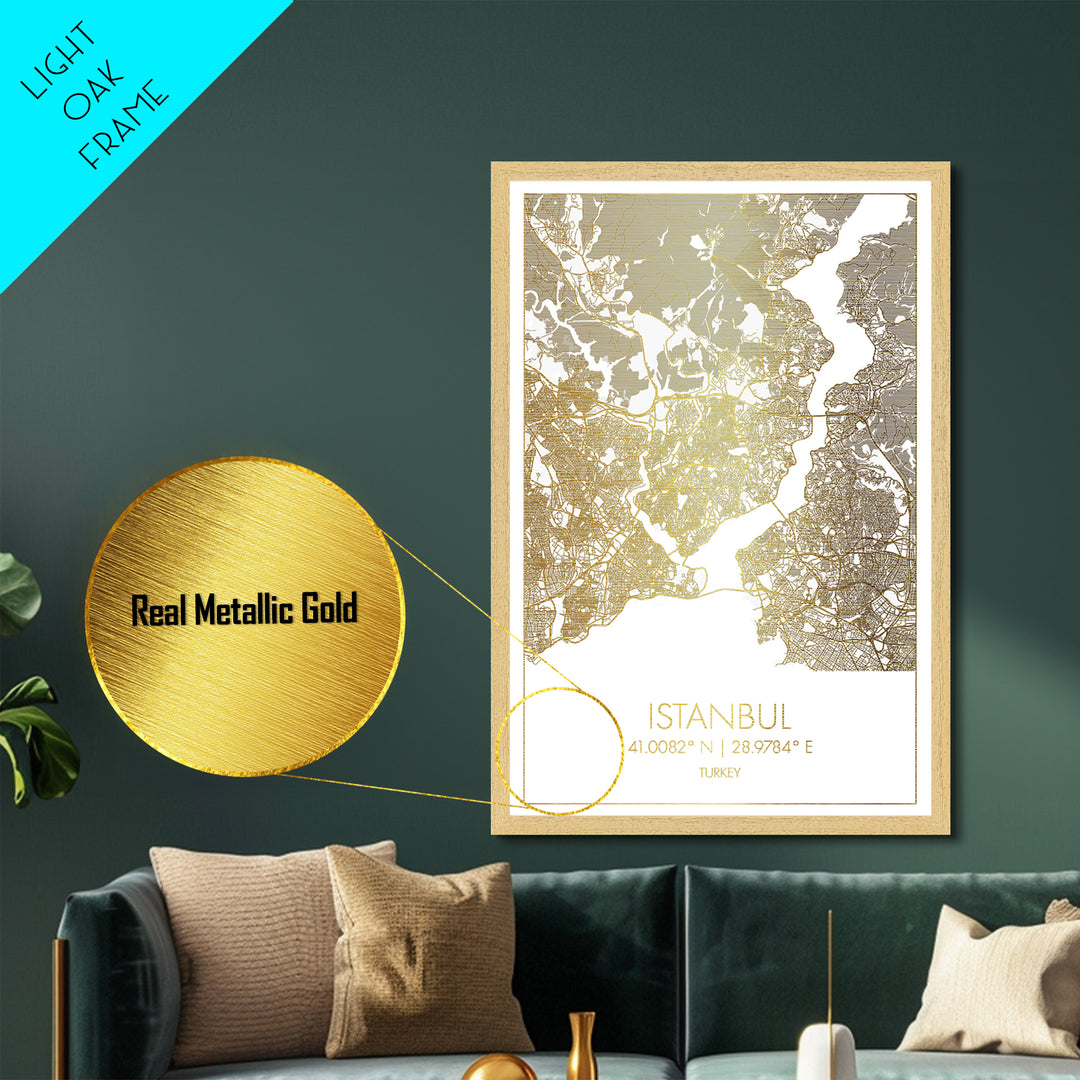 Istanbul Turkey City Poster, Metallic Gold Art, Metal Art, real wood frames, black and gold, Minimalist Wall Art, Map Print Poster