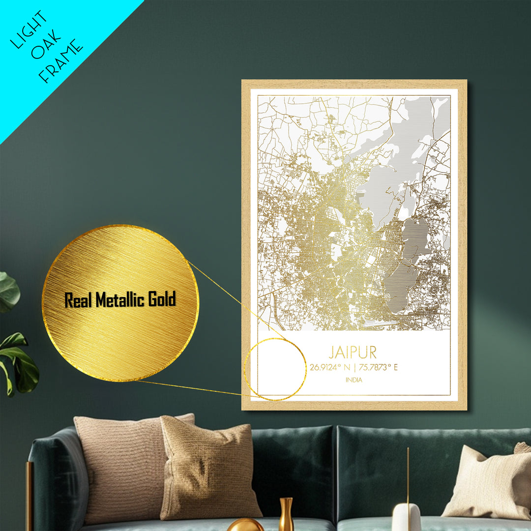 Jaipur India City street map, Metallic Gold Print, Metal Art, wood framed map, black and gold, Gold Street Map Art, Modern Wall Art