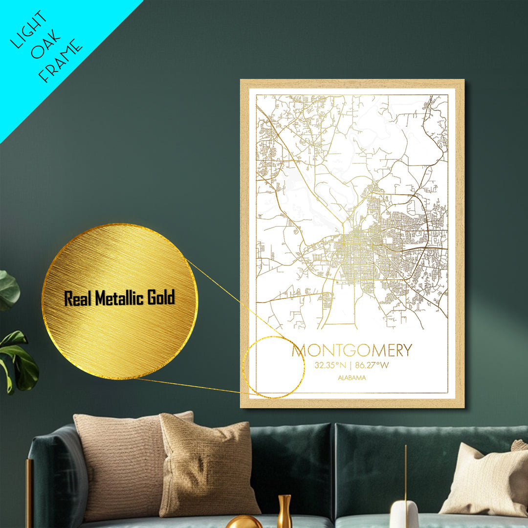 Montgomery Alabama City street map, Metallic Gold Print, Metal Art, wood framed map, black and gold, Street Map Art, Office Decor
