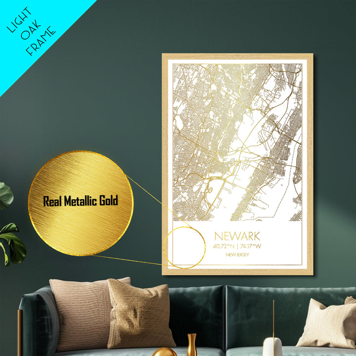 Newark New Jersey City Poster, Metallic Gold Art, Metal Art, real wood frames, black and gold, Map Art, Best Friend Gifts