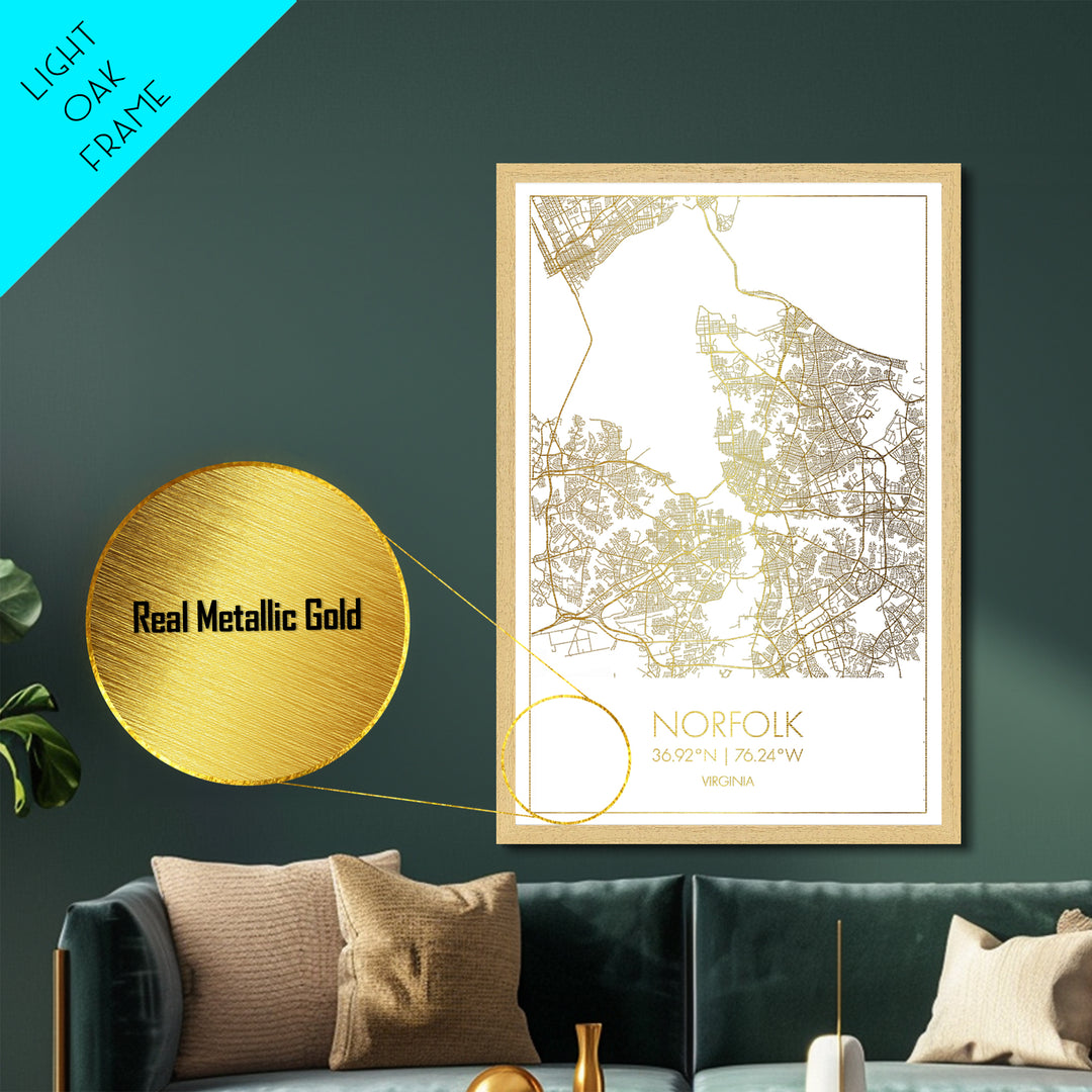 Norfolk Virginia City Poster, Metallic Gold Art, Metal Art, real wood frames, black and gold, Map Art, Best Friend Gifts