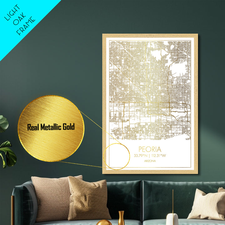 Peoria Arizona City street map, Metallic Gold Print, Metal Art, wood framed map, black and gold, Gold Street Map Art, Modern Wall Art