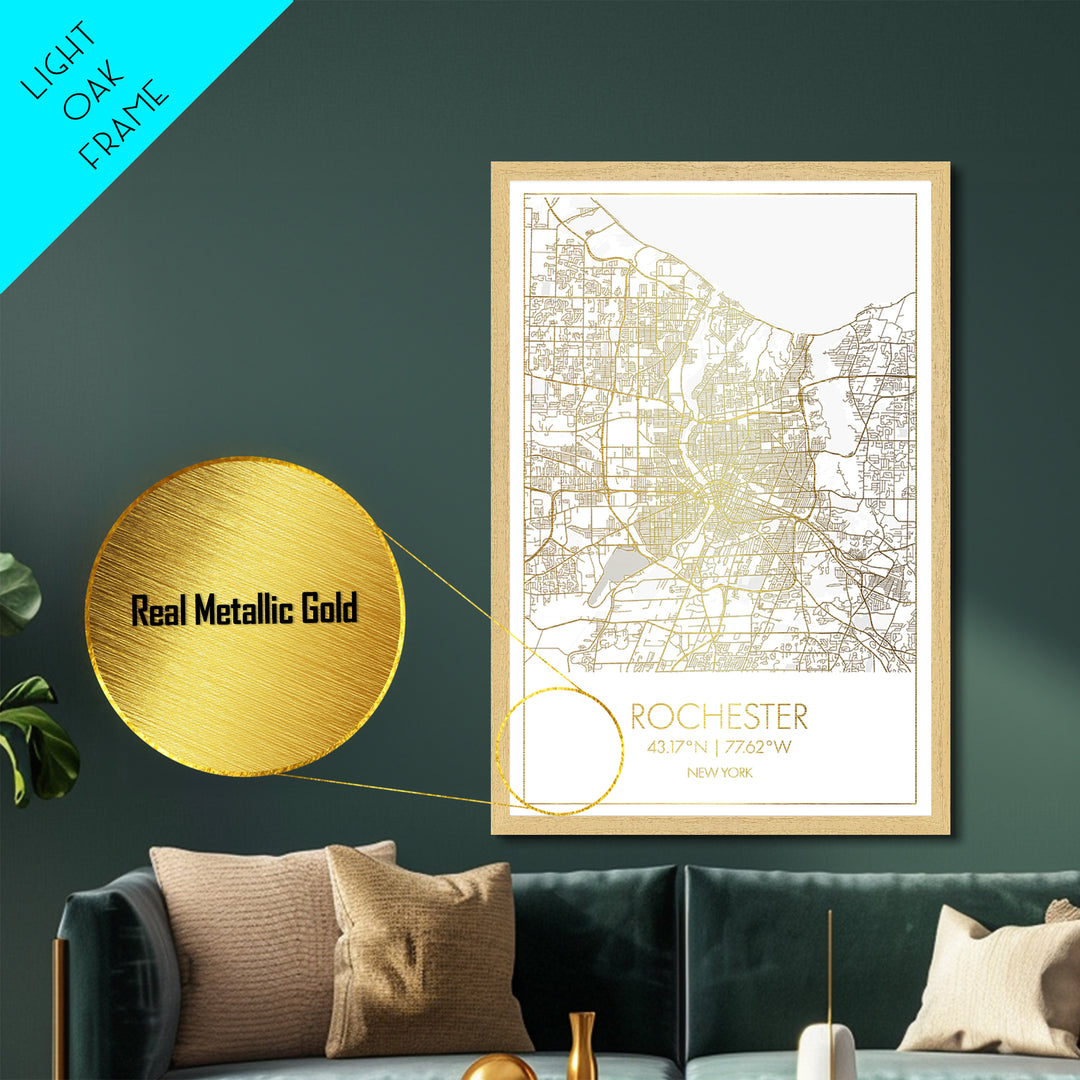 Rochester New York City street map, Metallic Gold Print, Metal Art, wood framed map, black and gold, Map Art, Closing Gift
