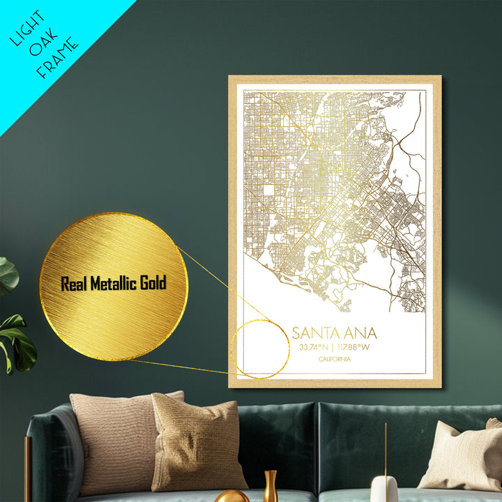 Santa Ana California City Poster, Metallic Gold Art, Metal Art, real wood frames, black and gold, Street Map Art, Modern House Art
