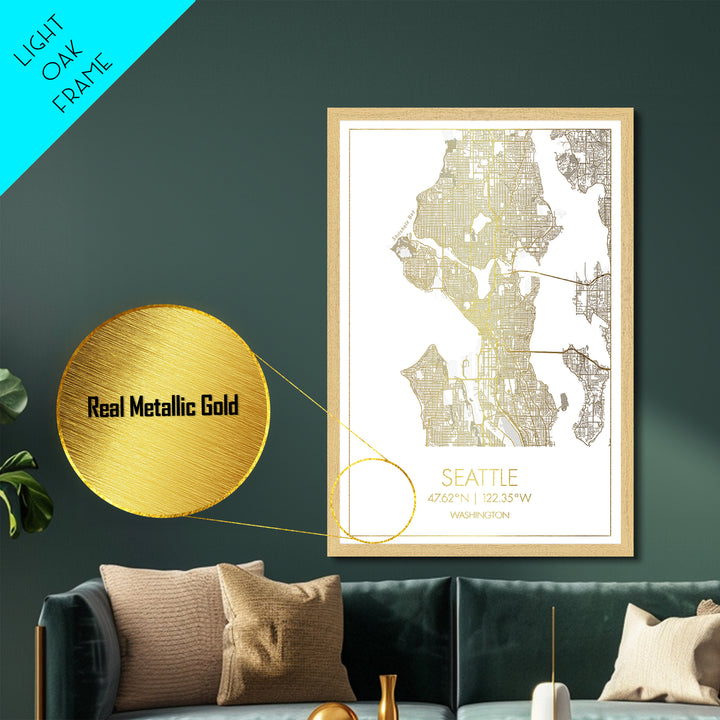 Seattle Washington City Poster, Metallic Gold Art, Metal Art, real wood frames, black and gold, Minimalist Wall Art, Map Print Poster