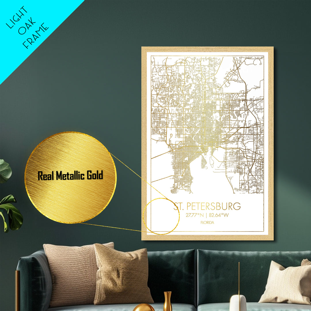 St. Petersburg Florida City Poster, Metallic Gold Art, Metal Art, real wood frames, black and gold, Map Art, Best Friend Gifts
