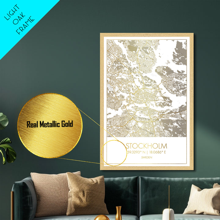 Stockholm Sweden City street map, Metallic Gold Print, Metal Art, wood framed map, black and gold, Gold Street Map Art, Modern Wall Art