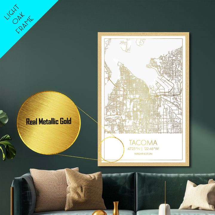 Tacoma Washington City Poster, Metallic Gold Art, Metal Art, real wood frames, black and gold, Map Art, Best Friend Gifts