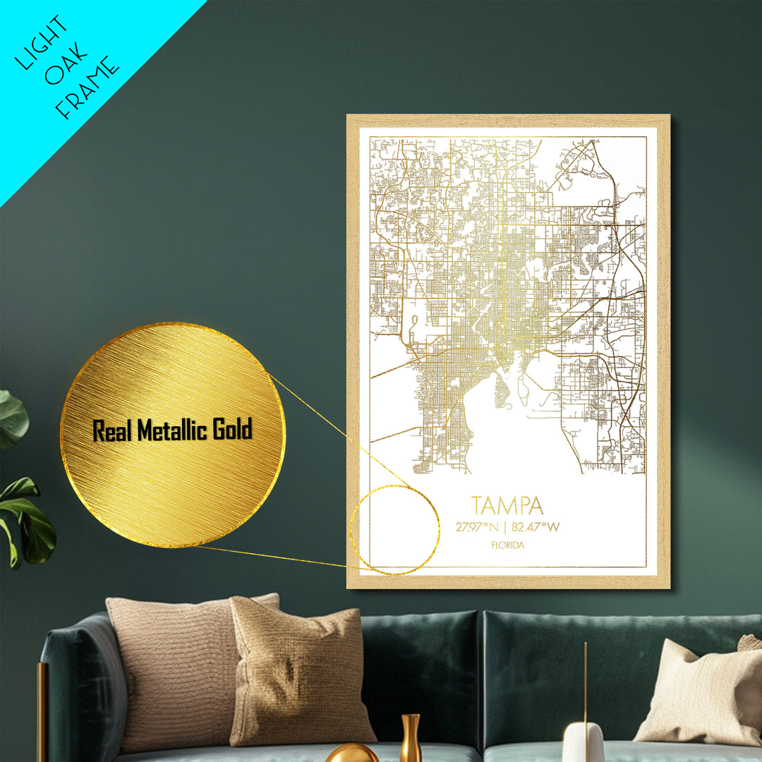 Tampa Florida City Poster, Metallic Gold Art, Metal Art, real wood frames, black and gold, Street Map Wall Art, Closing Gift