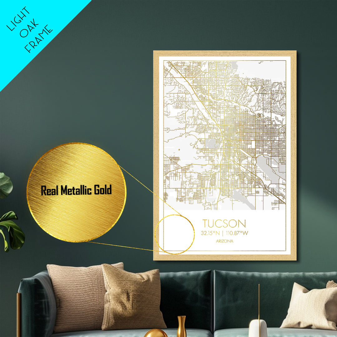 Tucson Arizona City street map, Metallic Gold Print, Metal Art, wood framed map, black and gold, Map Art, Office Decor