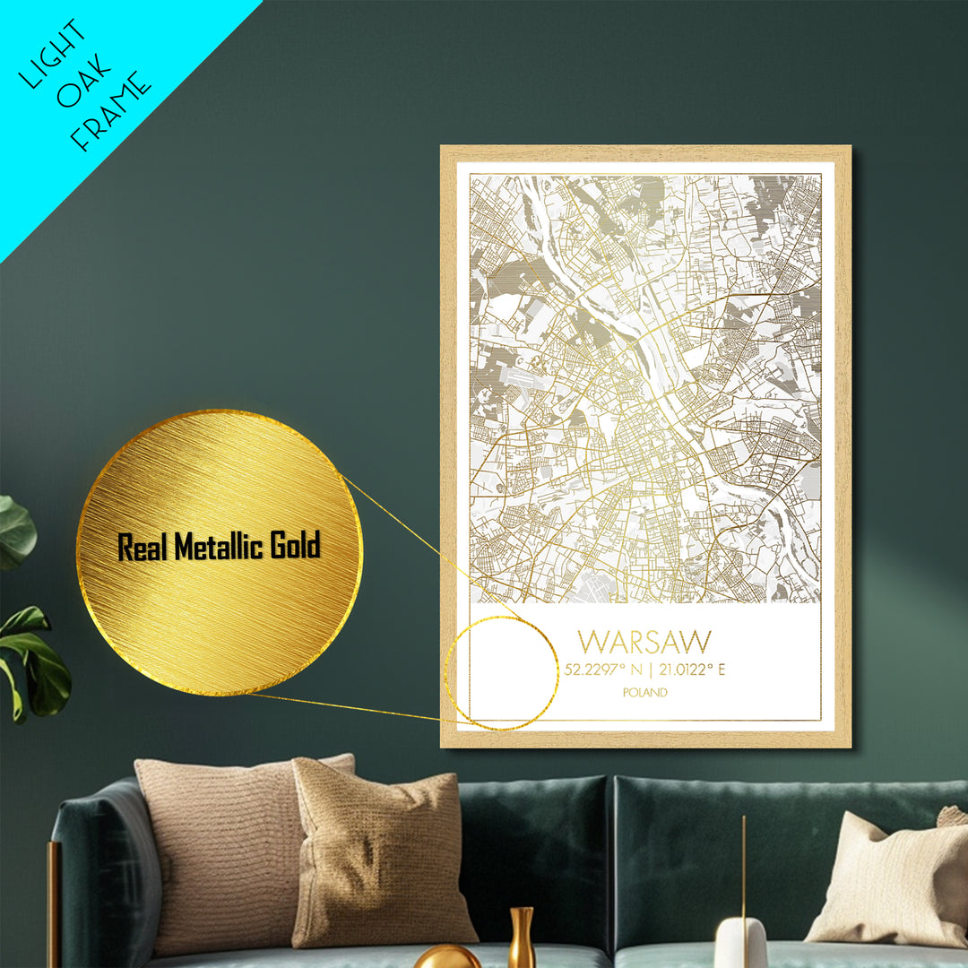 Warsaw Poland City street map, Metallic Gold Print, Metal Art, wood framed map, black and gold, Street Map Art, Office Decor