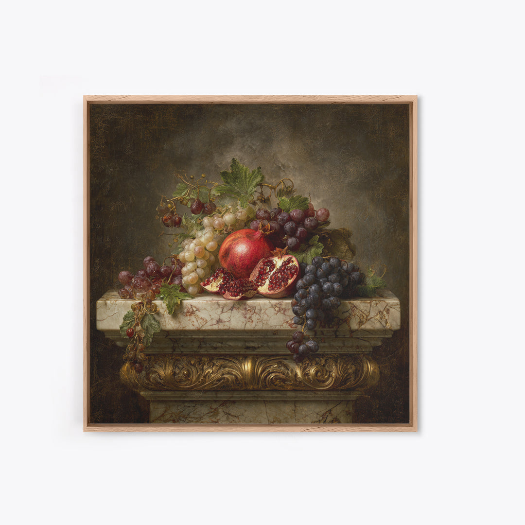 Pomegranate and Grapes on Marble Ledge Canvas Print, Renaissanceinspired Art, Celestial Decor, Living Room Decor, Classic, REN-1x1-17
