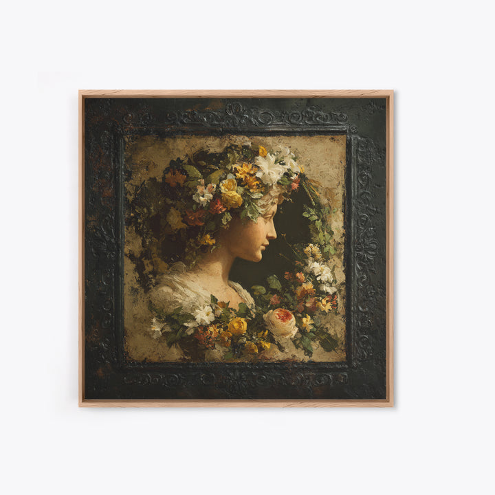 Floral Garland Surrounding a Classical Profile Canvas Print, Renaissanceinspired Art, Unique Wall Art, Living Room Decor, REN-1x1-22