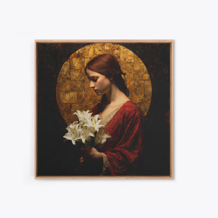 Saint Like Figure Holding White Lilies Framed Canvas Print, Renaissanceinspired Art, Floral Print, Living Room Decor, Classic, REN-1x1-37