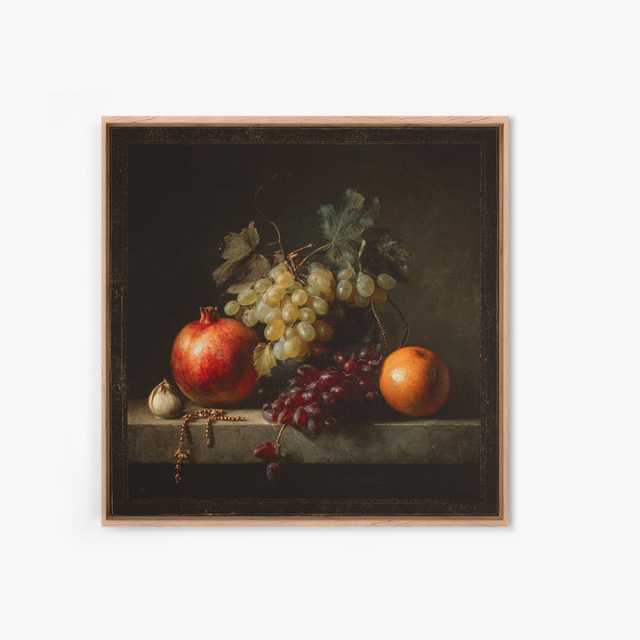 Oil Painted Fruit Still Life on Dark Canvas Print, Renaissanceinspired Art, Elegant Home Decor, Living Room Decor, Classic, REN-1x1-75