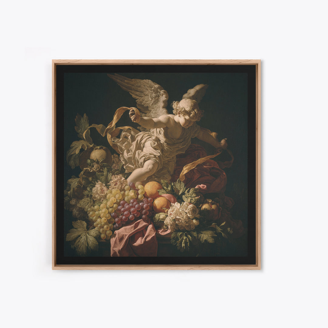 Cherub Holding a Ribbon Among Clouds Framed Canvas Print, Renaissanceinspired Art, Fantasy Decor, Living Room Decor, Classic, REN-1x1-78