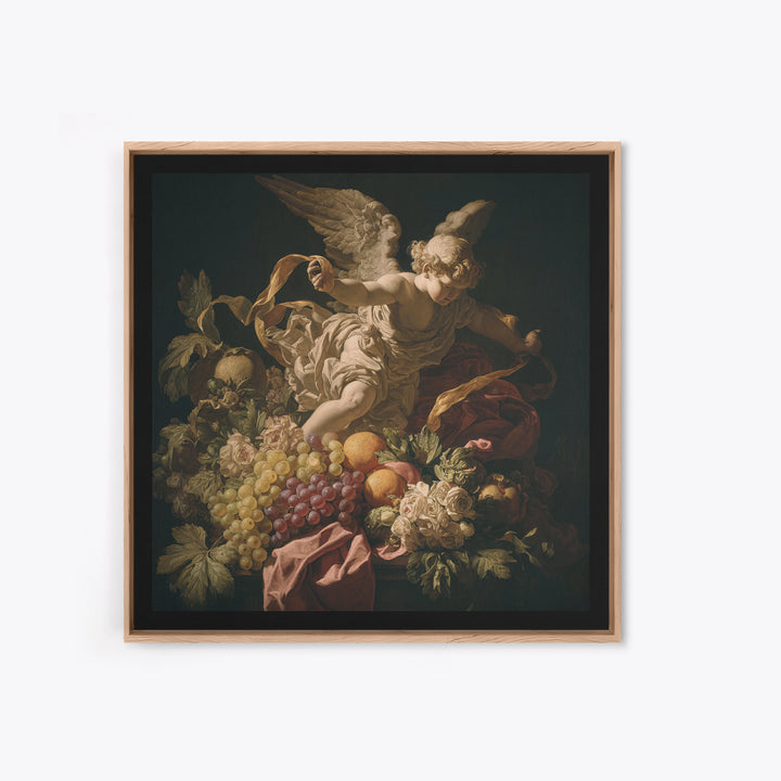 Cherub Holding a Ribbon Among Clouds Framed Canvas Print, Renaissanceinspired Art, Fantasy Decor, Living Room Decor, Classic, REN-1x1-78