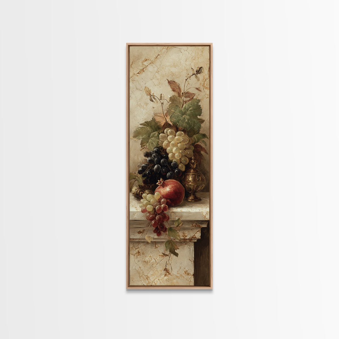 Pomegranate and Grapes on Marble Ledge Framed Canvas Print, Renaissanceinspired Art, Cat Painting, Living Room Decor, Classic, REN-1x3-29