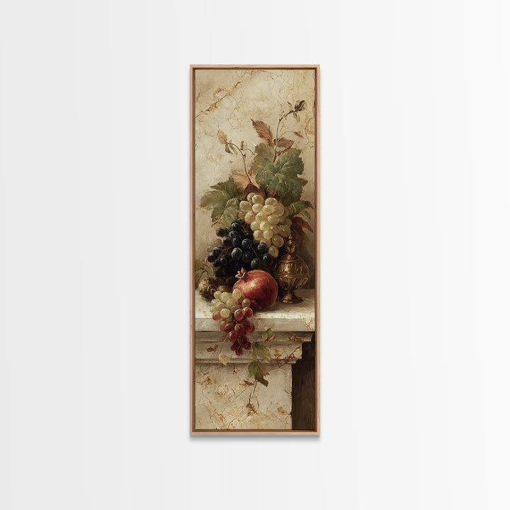 Pomegranate and Grapes on Marble Ledge Framed Canvas Print, Renaissanceinspired Art, Cat Painting, Living Room Decor, Classic, REN-1x3-29