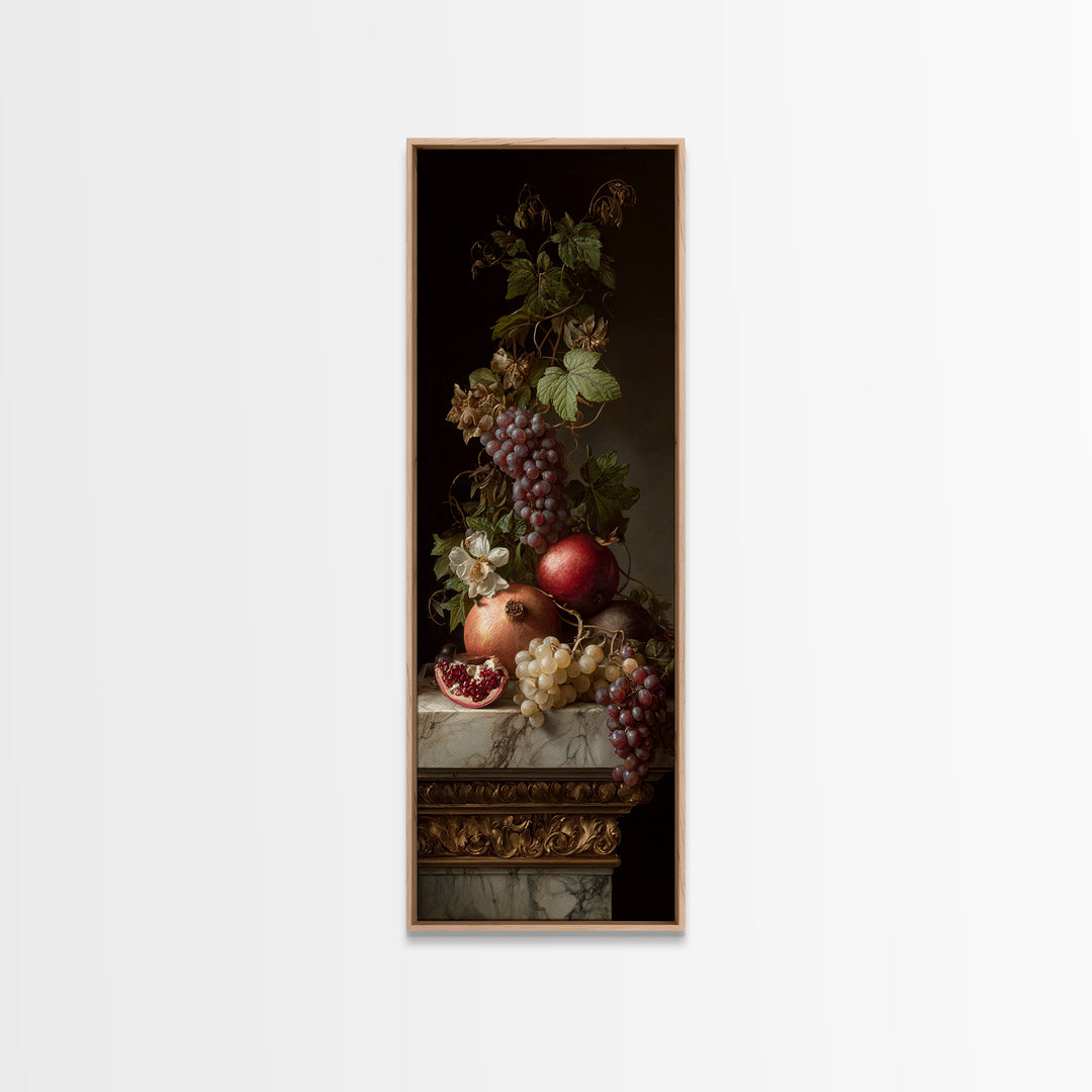 Pomegranate and Grapes on Marble Ledge Canvas Print, Renaissanceinspired Art, Celestial Decor, Living Room Decor, Classic, REN-1x3-5