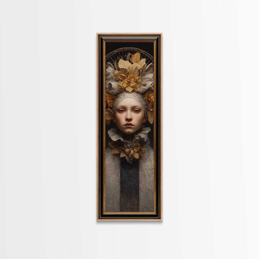 Gold Halo Portrait Canvas Print, Renaissanceinspired Art, Floral Painting, Living Room Decor, Oil Painting, Classic, Art Print, REN-1x3-65