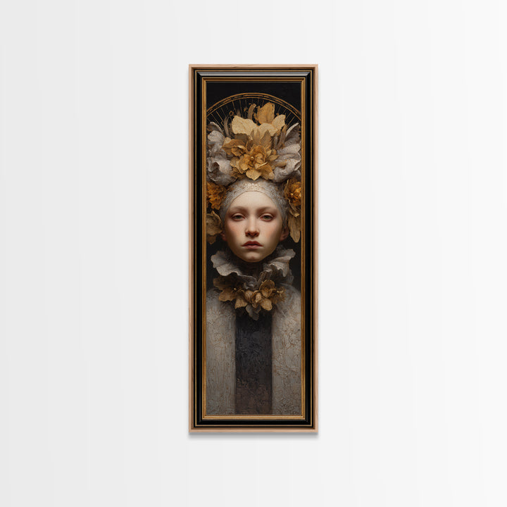 Gold Halo Portrait Canvas Print, Renaissanceinspired Art, Floral Painting, Living Room Decor, Oil Painting, Classic, Art Print, REN-1x3-65