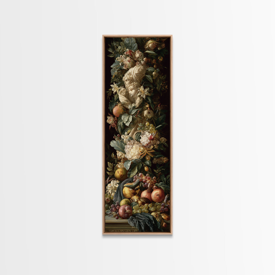 Floral Garland Surrounding a Classical Profile Canvas Print, Renaissanceinspired Art, Painting from Photo, Living Room Decor, REN-1x3-82