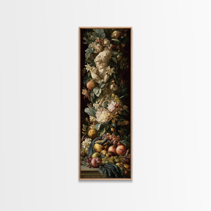 Floral Garland Surrounding a Classical Profile Canvas Print, Renaissanceinspired Art, Painting from Photo, Living Room Decor, REN-1x3-82