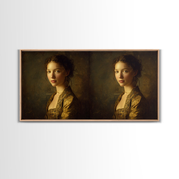 Gold Halo Portrait Framed Canvas Print, Renaissanceinspired Art, Neutral Decor, Living Room Decor, Fine Art, Classic, REN-2x1-1