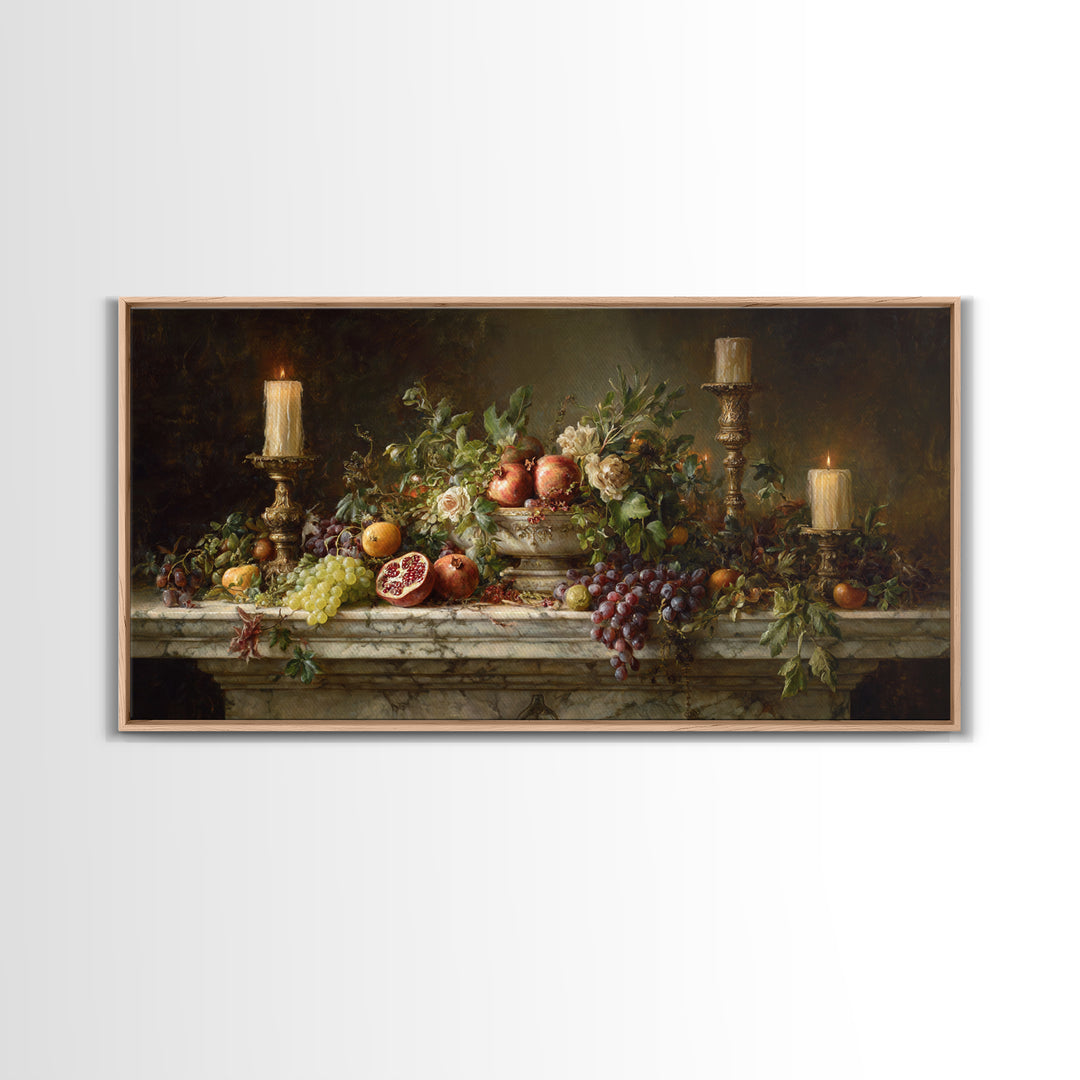 Pomegranate and Grapes on Marble Ledge Framed Canvas Print, Renaissanceinspired Art, Home Decor, Living Room Decor, Classic, REN-2x1-13