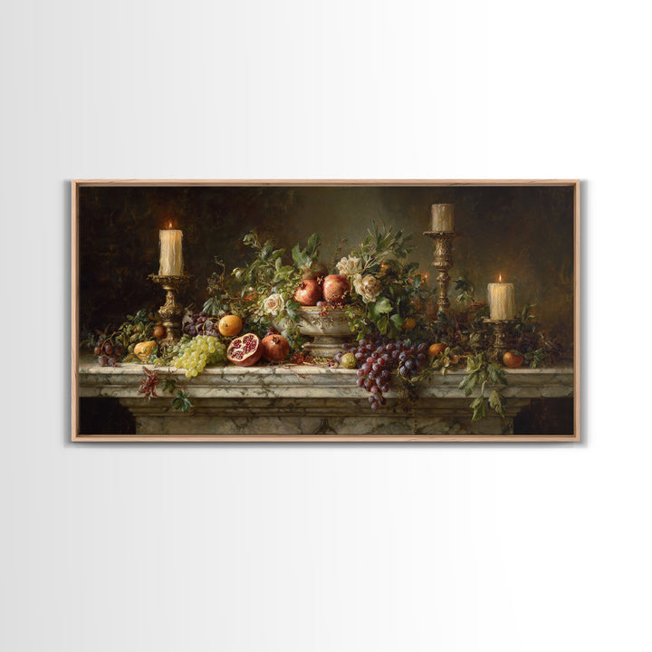Pomegranate and Grapes on Marble Ledge Framed Canvas Print, Renaissanceinspired Art, Home Decor, Living Room Decor, Classic, REN-2x1-13