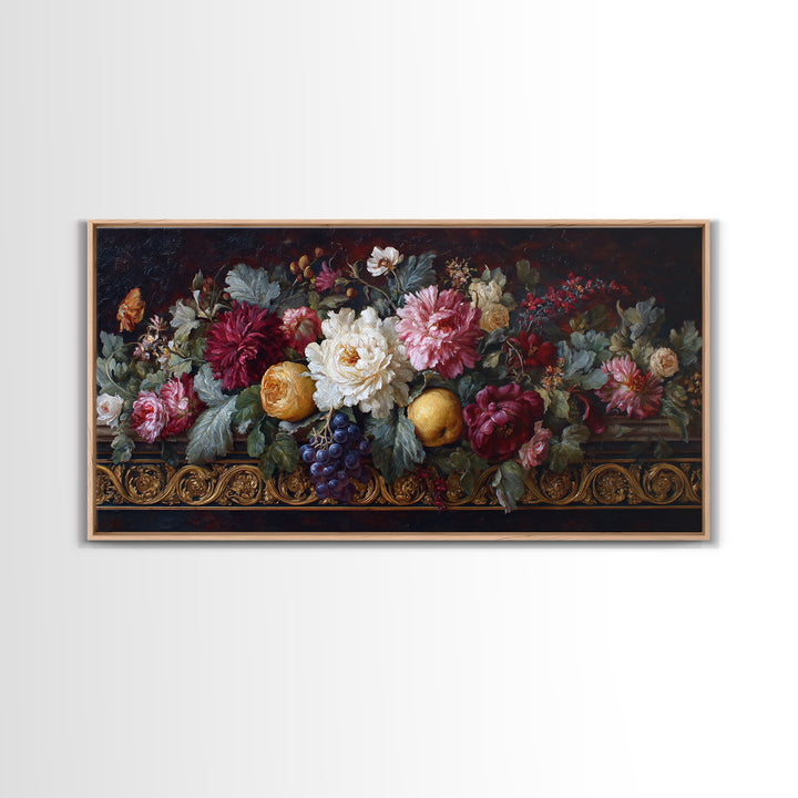 Floral Garland Surrounding a Classical Profile Canvas Print, Renaissanceinspired Art, Home Altar, Living Room Decor, Classic, REN-2x1-18