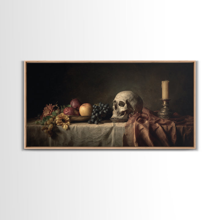 Old Master Skull and Candle Still Life Framed Canvas Print, Renaissanceinspired Art, Classic Art, Living Room Decor, Classic, REN-2x1-30