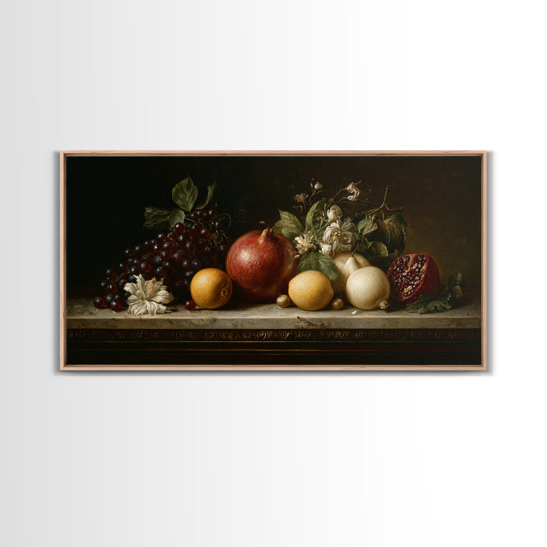 Oil Painted Fruit Still Life on Dark Canvas Print, Renaissanceinspired Art, Printable Art, Living Room Decor, Oil Painting, REN-2x1-47