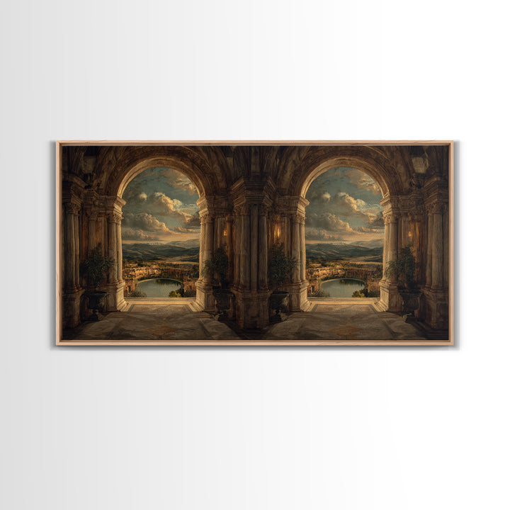 Architectural Arch with Italian Landscape Beyond Canvas Print, Renaissanceinspired Art, Cat Painting, Living Room Decor, REN-2x1-79