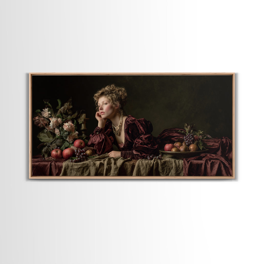 Portrait with Pearl Necklace and Velvet Dress Canvas Print, Renaissanceinspired Art, Boho Decor, Living Room Decor, Classic, REN-2x1-8