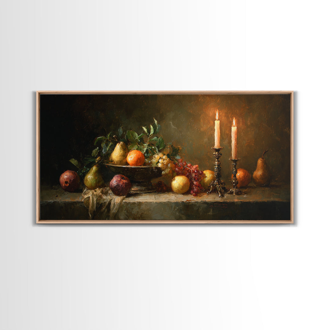 Oil Painted Fruit Still Life on Dark Framed Canvas Print, Renaissanceinspired Art, Fantasy Decor, Living Room Decor, Classic, REN-2x1-95