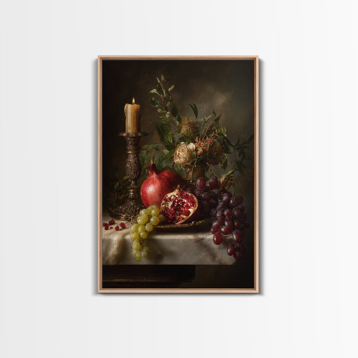 Pomegranate and Grapes on Marble Ledge Framed Canvas Print, Renaissanceinspired Art, Home Decor, Living Room Decor, Classic, REN-2x3-1