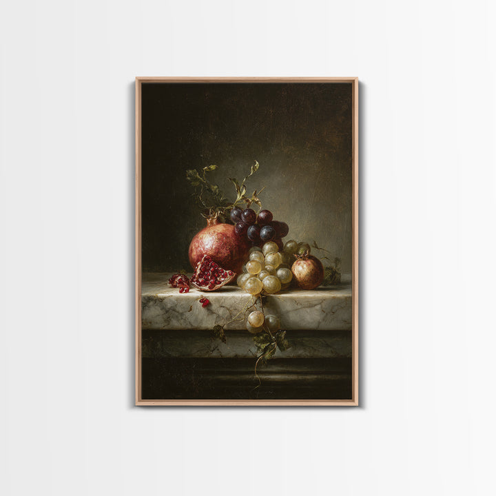 Pomegranate and Grapes on Marble Ledge Canvas Print, Renaissanceinspired Art, Statement Artwork, Living Room Decor, Classic, REN-2x3-49