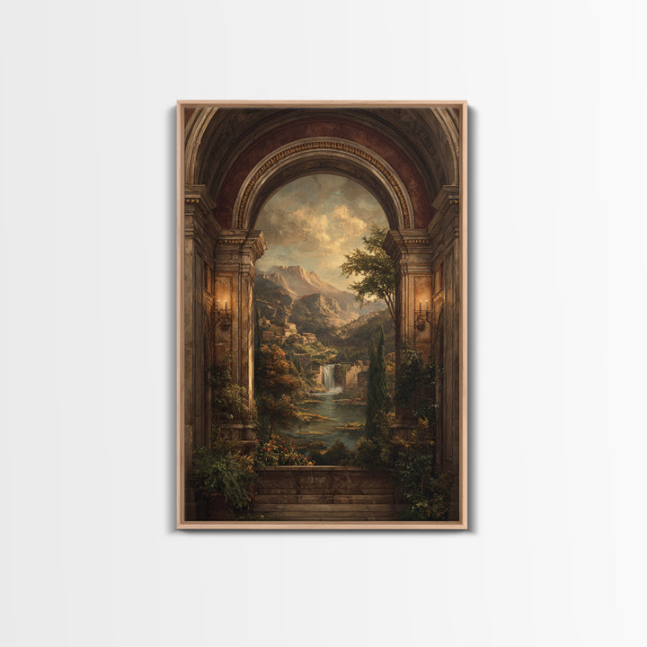 Architectural Arch with Italian Landscape Beyond Canvas Print, Renaissanceinspired Art, Floral Painting, Living Room Decor, REN-2x3-67