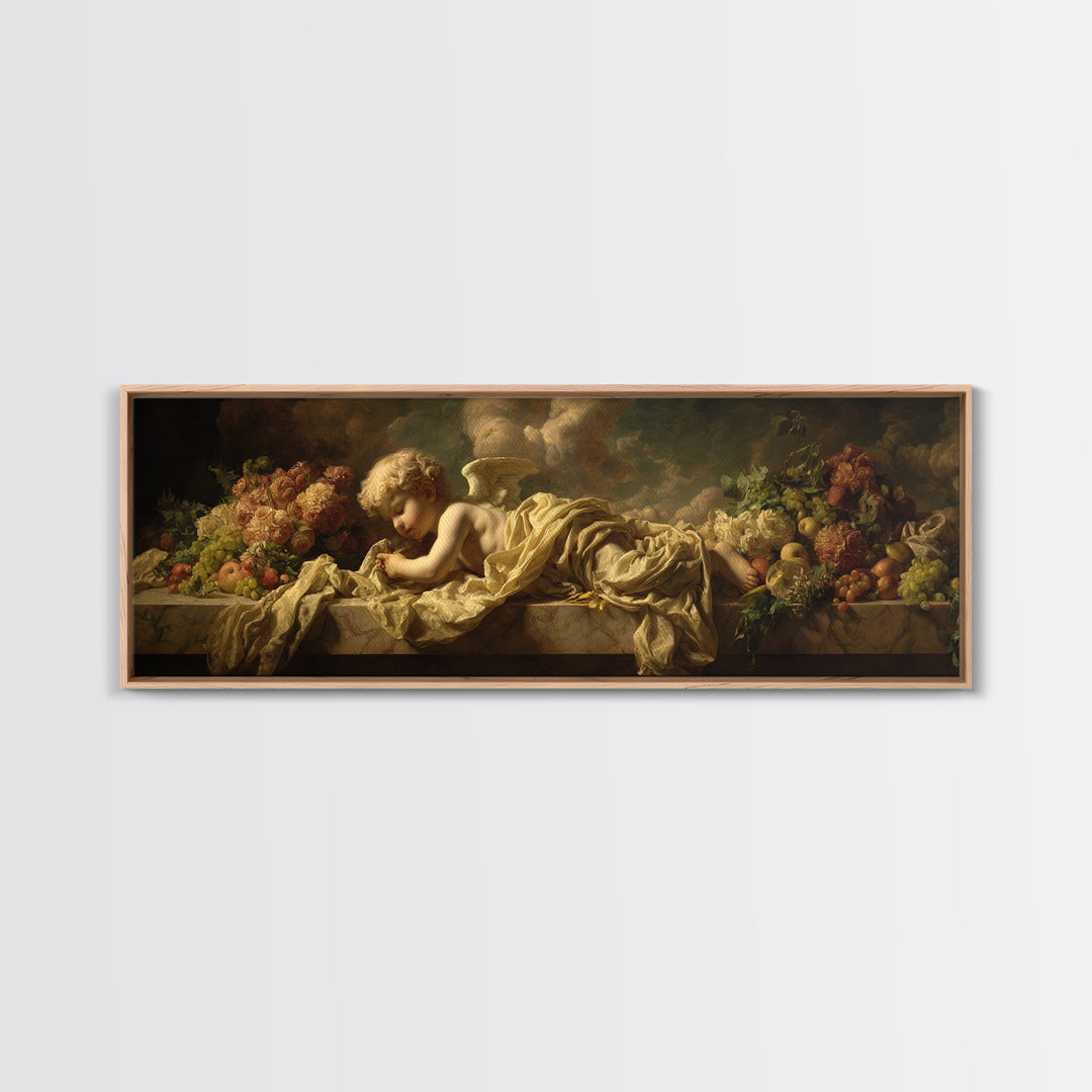 Cherub Holding a Ribbon Among Clouds Canvas Print, Renaissanceinspired Art, Elegant Home Decor, Living Room Decor, Abstract Art, REN-3x1-22