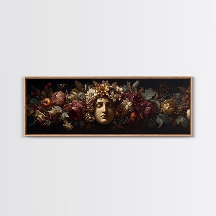 Floral Garland Surrounding a Classical Profile Canvas Print, Renaissanceinspired Art, Painting from Photo, Living Room Decor, REN-3x1-62