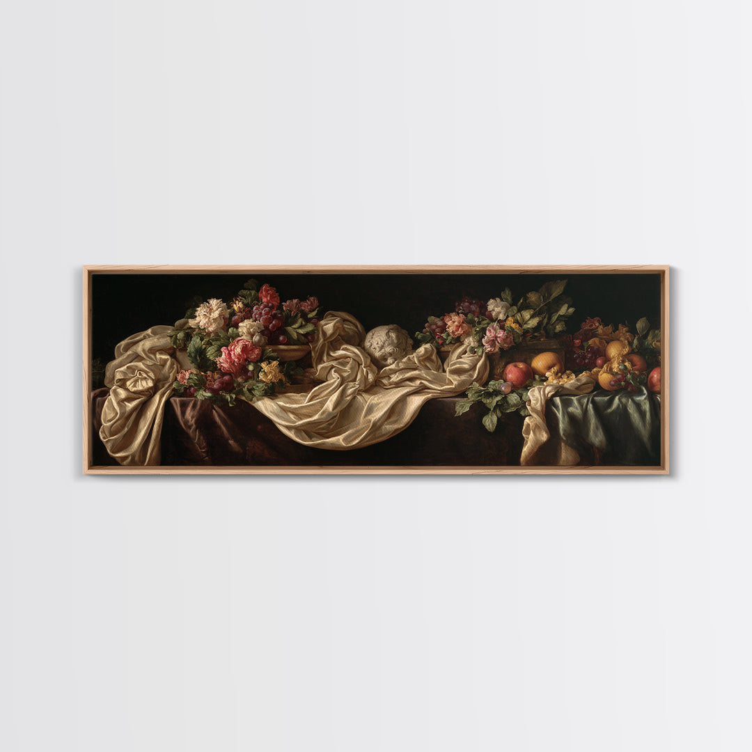 Floral Garland Surrounding a Classical Profile Canvas Print, Renaissanceinspired Art, Minimalist Decor, Living Room Decor, REN-3x1-86