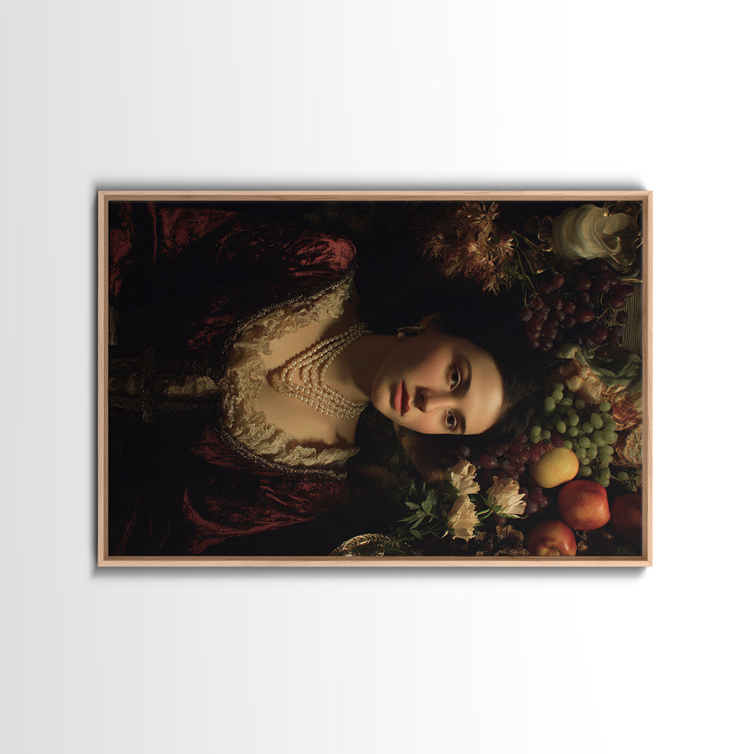 Portrait with Pearl Necklace and Velvet Dress Canvas Print, Renaissanceinspired Art, Wall Art, Living Room Decor, Classic, REN-3x2-40