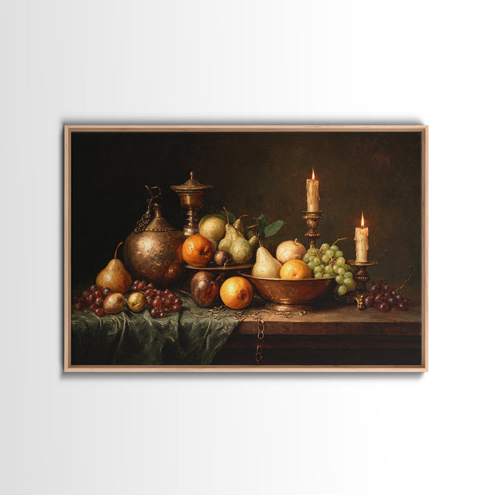Oil Painted Fruit Still Life on Dark Canvas Print, Renaissanceinspired Art, Yoga Wall Art, Living Room Decor, Classic, REN-3x2-55