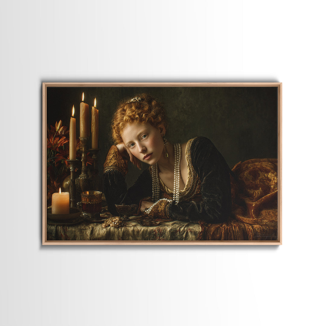 Portrait with Pearl Necklace and Velvet Dress Canvas Print, Renaissanceinspired Art, Cat Art, Living Room Decor, Classic, REN-3x2-64
