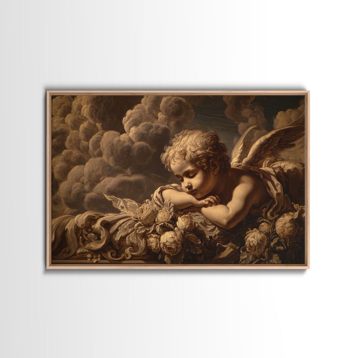 Cherub Holding a Ribbon Among Clouds Framed Canvas Print, Renaissanceinspired Art, Cat Art, Living Room Decor, Oil Painting, REN-3x2-82