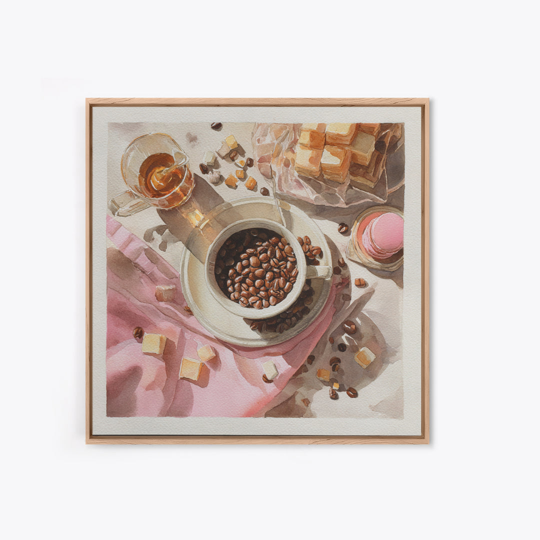 Coffee Beans and Pastry Arrangement Canvas Print, Restaurant Art, Watercolor Painting, Restaurant Decor, Oil Painting, Bistro, RES-1x1-22