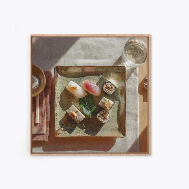 Sushi Fish and Ceramic Plate Composition Framed Canvas Print, Restaurant Art, Textured Painting, Restaurant Decor, Bistro, RES-1x1-29