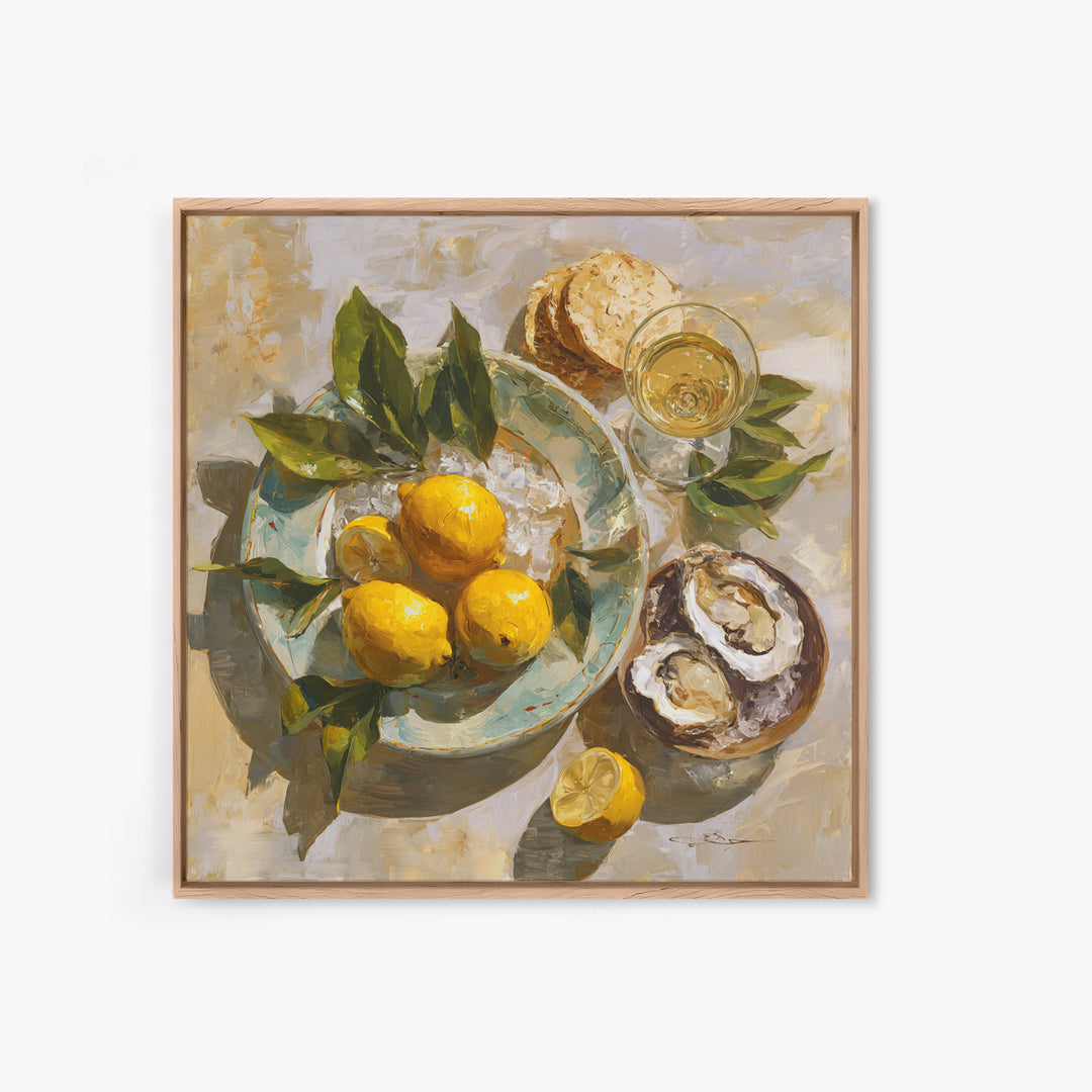Oyster Platter with Lemons and Champagne Canvas Print, Restaurant Art, Kitchen Wall Art, Restaurant Decor, Abstract Art, Bistro, RES-1x1-3